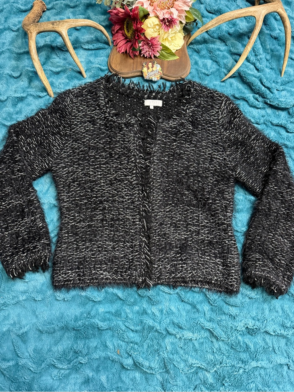 1.STATE Women’s Large Black White Marled Fuzzy Open Front Wool Blend Cardigan - Picture 1 of 6